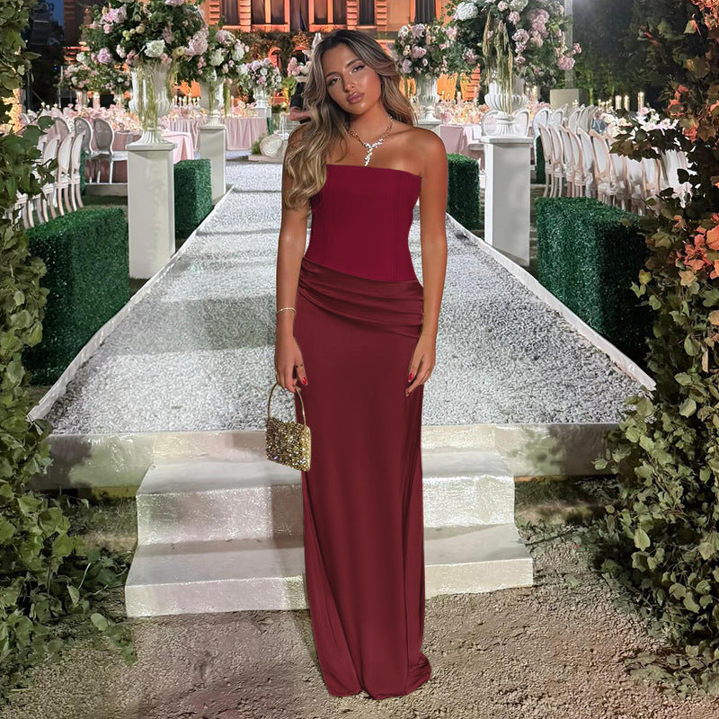 Kvinder Strapless Maxi Kjole med Flydende Snit og Sammensyninger Skovae