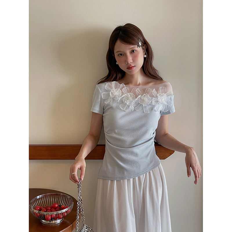 Dame Off-Shoulder-Bluse med blomster-spidsapplikationer og tætsiddende snit Stilla