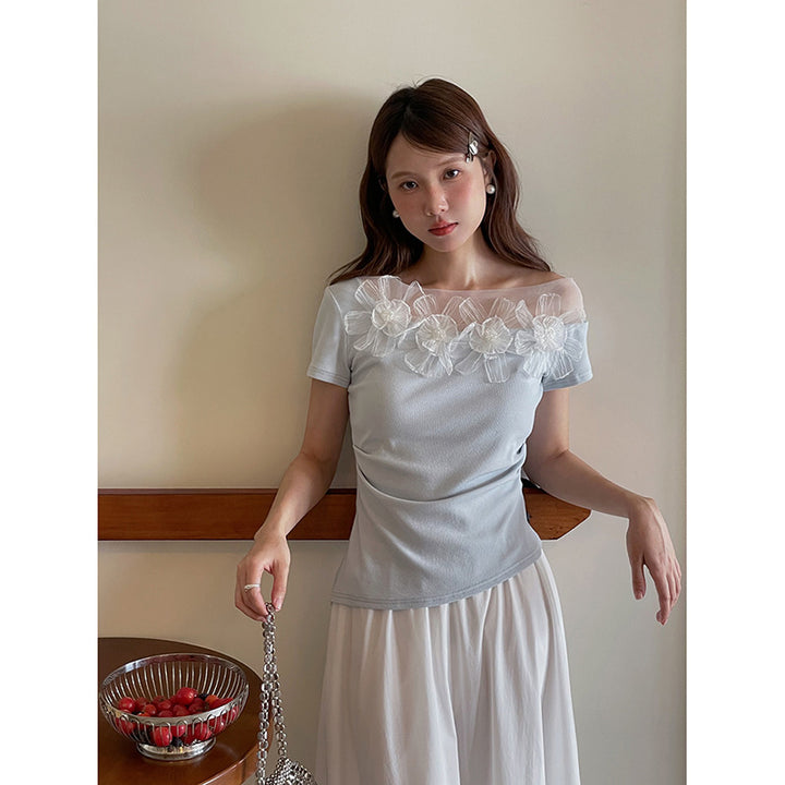 Dame Off-Shoulder-Bluse med blomster-spidsapplikationer og tætsiddende snit Stilla