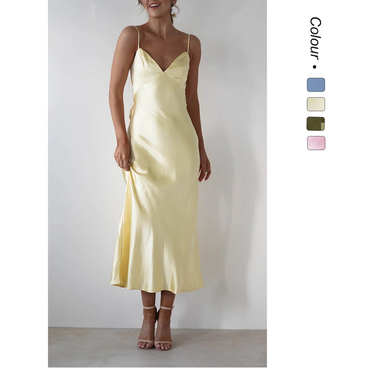 Ladies Satin Maxi Dress in elegant cut with narrow spaghetti straps Skovae