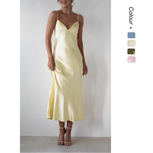 Ladies Satin Maxi Dress in elegant cut with narrow spaghetti straps Skovae