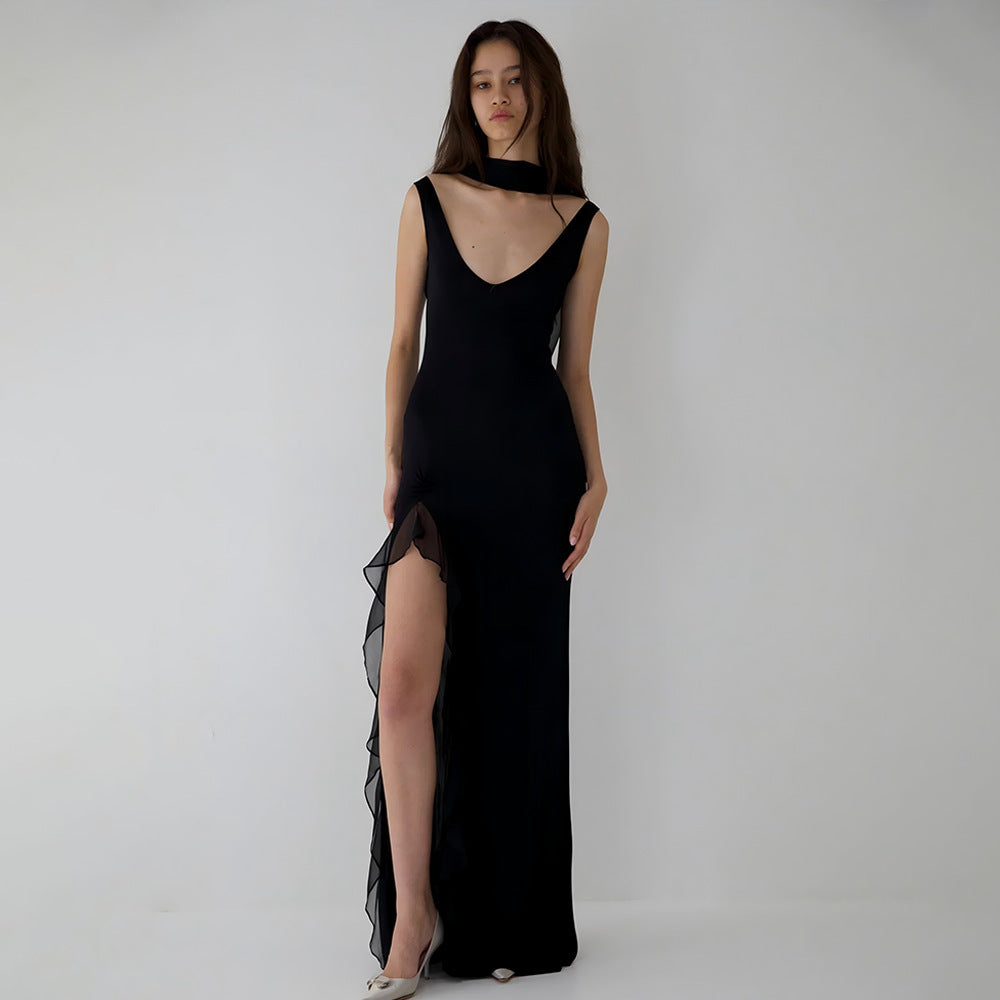 Dame Elegant aftenkjole med transparente flæser og forførende V-udskæring Stilla