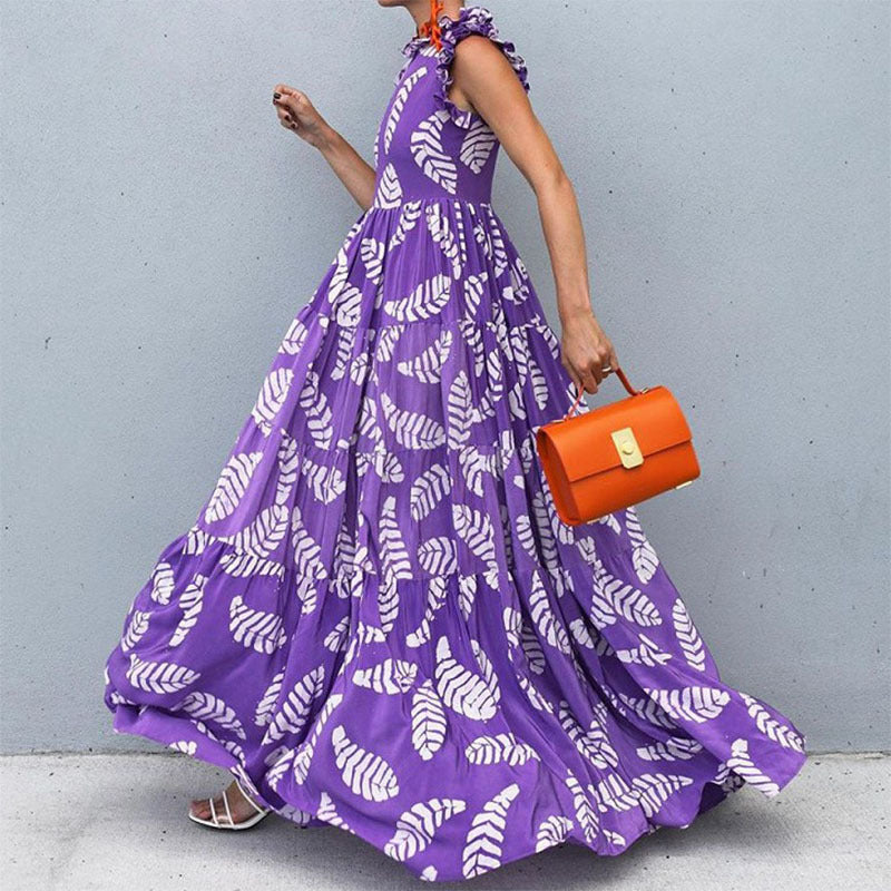 Dame Maxi-kjole med flæsedetaljer og blomsterprint Stilla