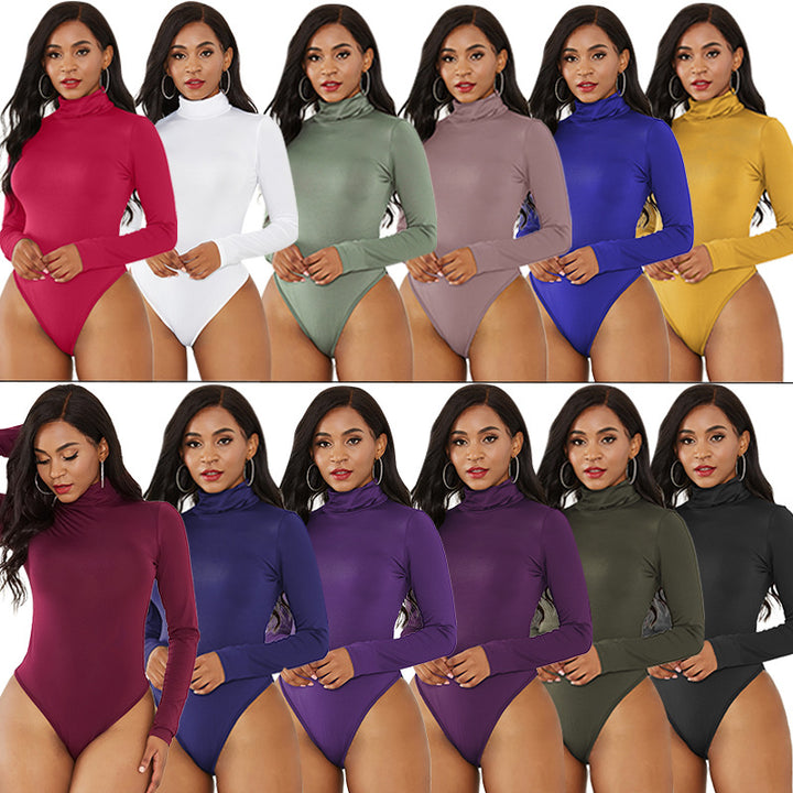 Dame Elegant Langærmet bodystocking med høj krave og figurformende snit Stilla