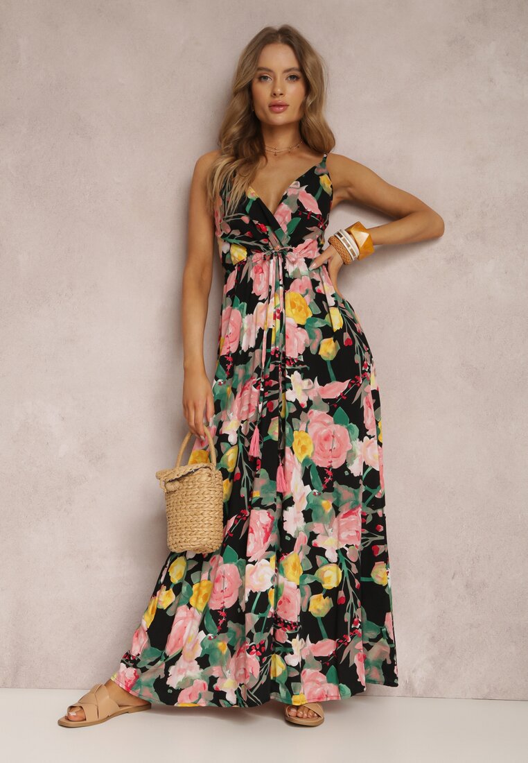 Dame maxikjole med elegant floral draperingseffekt og smalle stropper Stilla