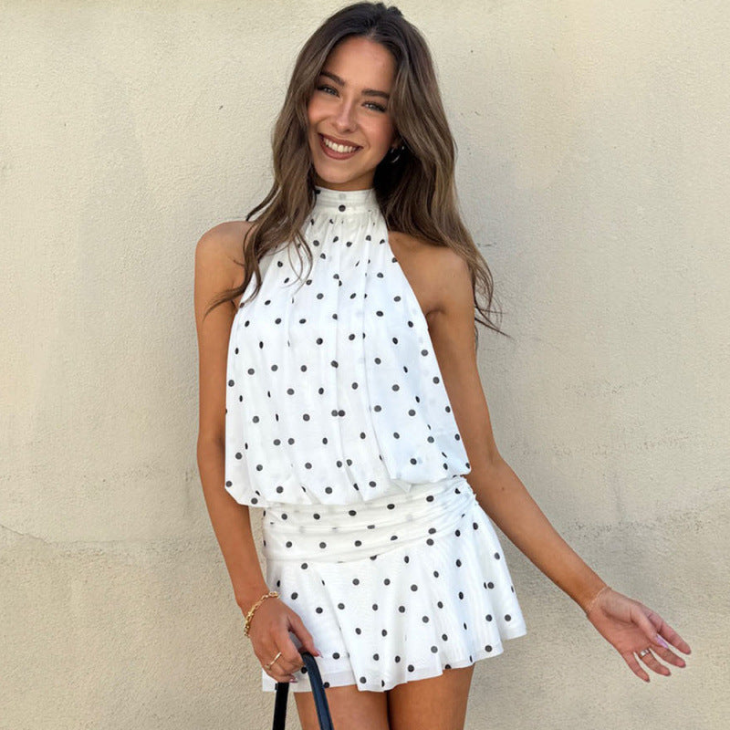 Damen verspieltes Polka-Dot Top mit lässigem Schnitt und hohem Kragen Skovae
