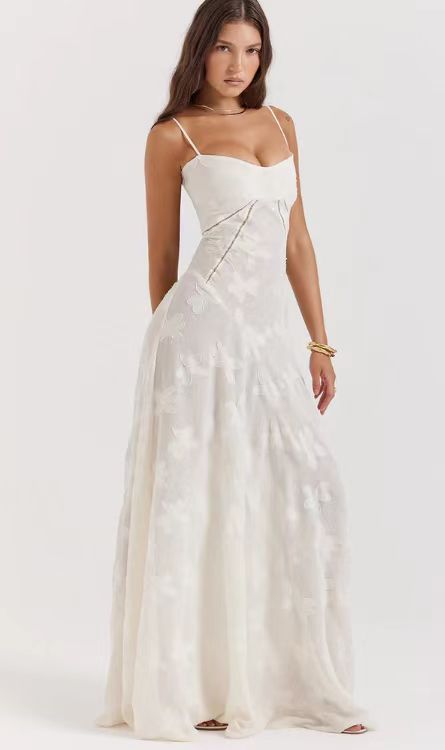 Dame Elegant Spids Maxi Kjole med sarte stropper og blomsterdesign Stilla