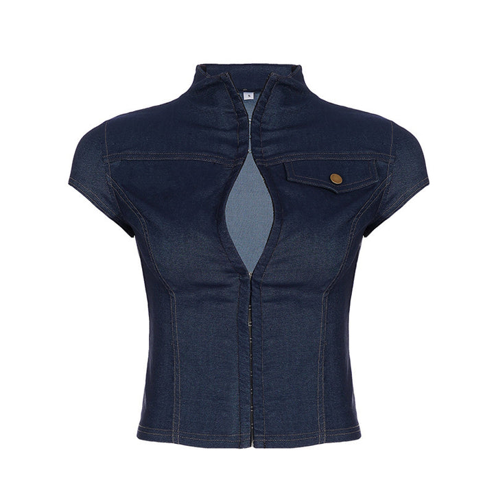 Dame mode kortærmet denim-bluse med elegant knapdetaljering Skovae