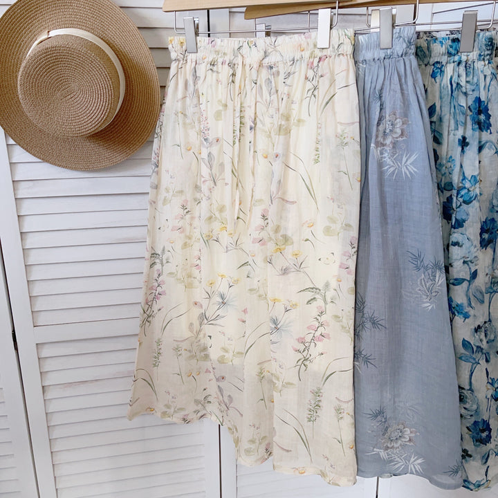 Dame Floral Print Midi Skirt med elastisk talje Stilla