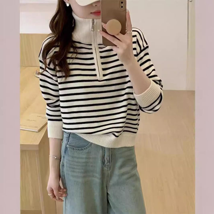 Dame afslappet pullover med lynlås og stribet mønster Stilla