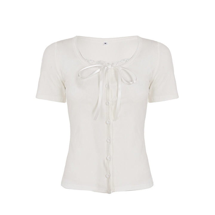 Dame spids-top med off-shoulder design og elegant snøring Skovae