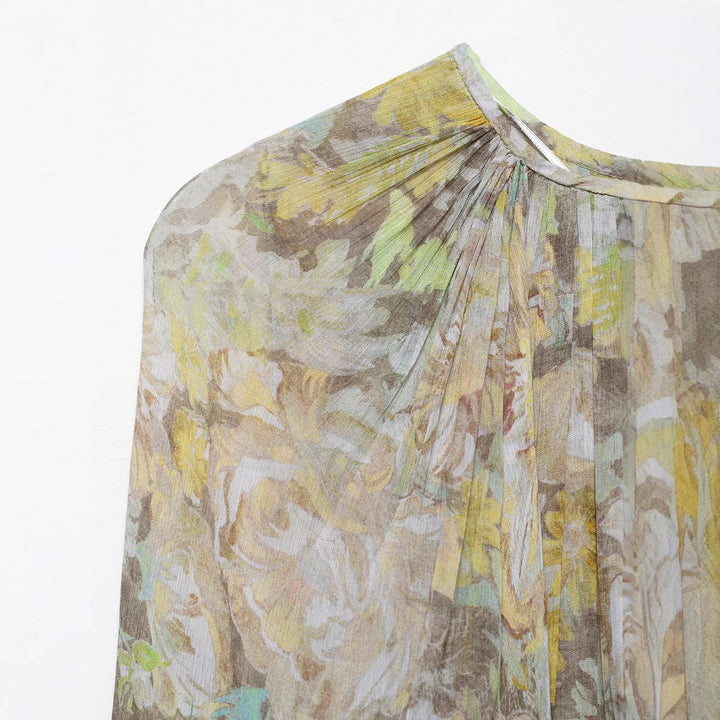 Dame Langeærmet Floral Maxi Kjole med Rynkedetaljer Stilla
