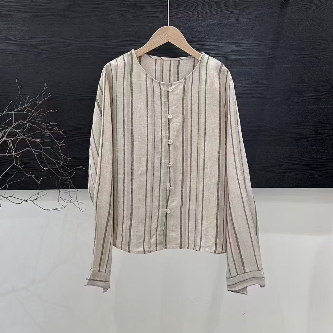 Femme Stribet Linned Knap-Down Bluse Stilla