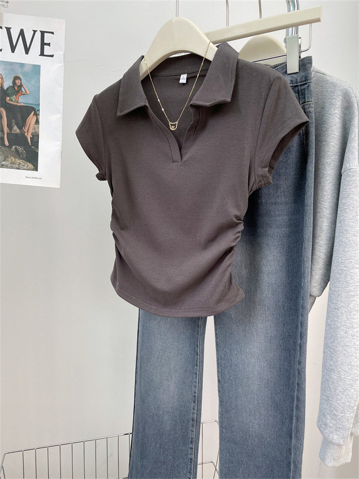 Femme Cropped Polo Stil Top med sidelæns rynkning 詳細 Stilla