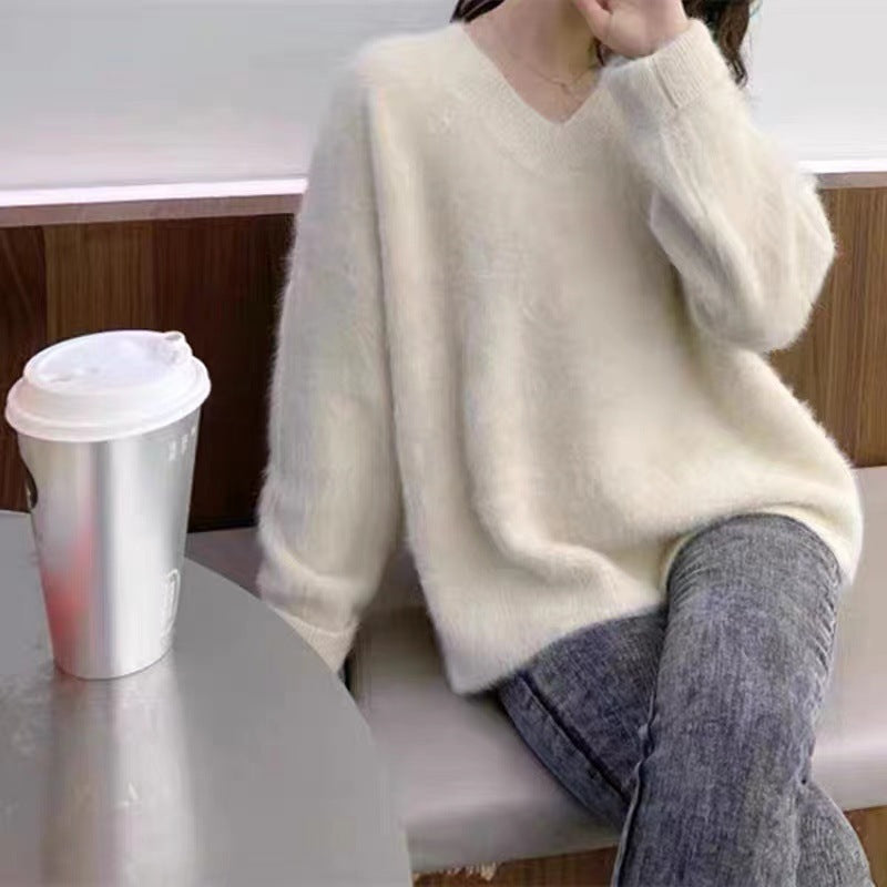Damer Fluffy V-hals Sweater lavet af Mohair Stilla