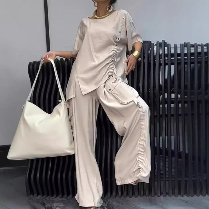 Damer nan lækkert to-delt sæt med flæset oversized bluse og cargo palazzo bukser Skovae