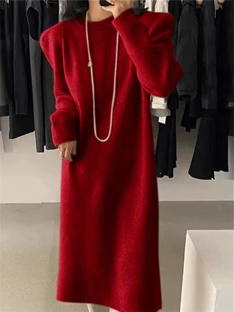 Femme Elegante Lange Oversized Strikkjole med Puffærmer Stilla
