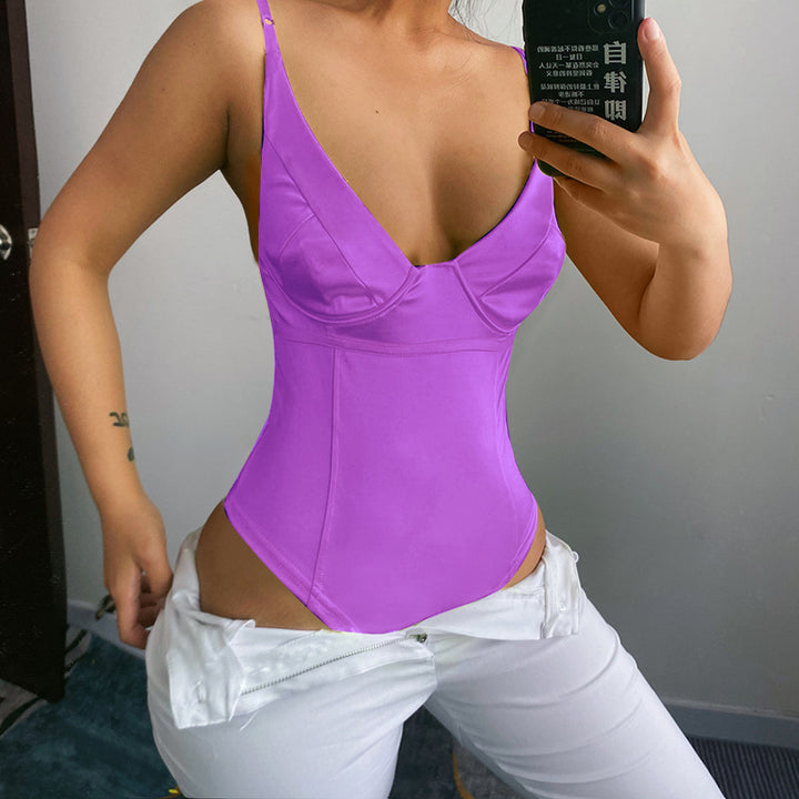 Dame Satin-Bustier-Top med dyb V-udskæring og elegant pasform Skovae