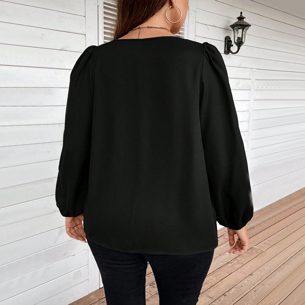 Dame elegant bluse med ballonærmer og nøgleudskæring Stilla