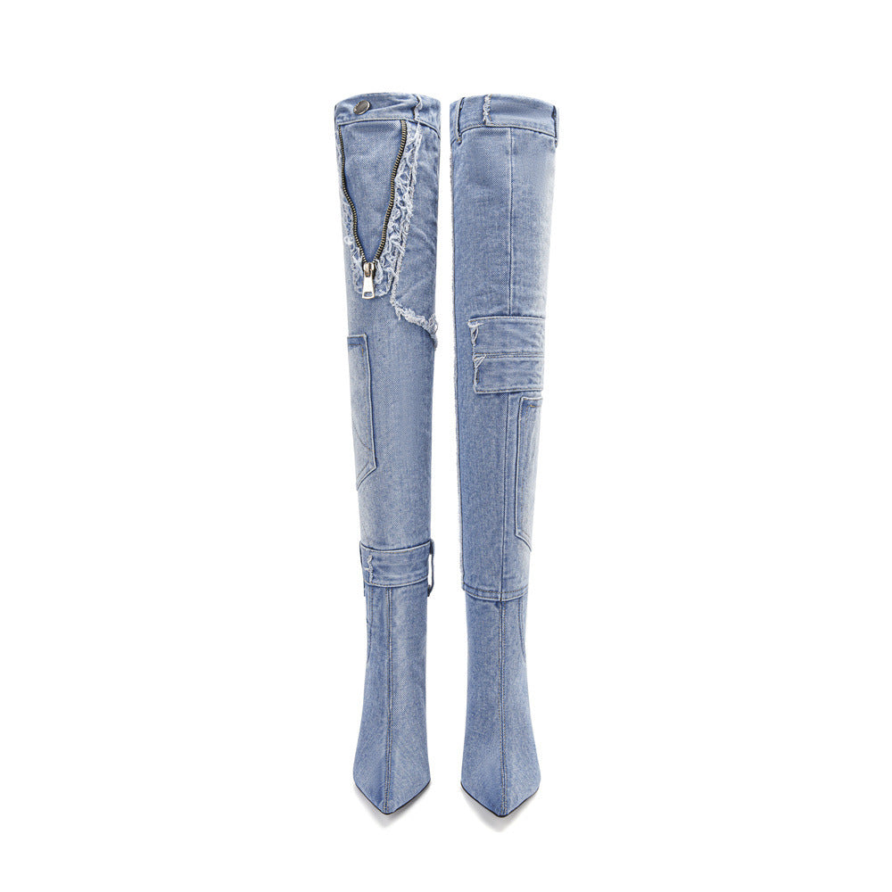 Femme Overknee-Denim-Stiletto-Støvler med distressed Detalje Stilla