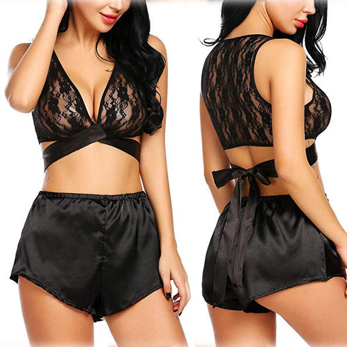Dame Spitze-Crop-Top og Satin-Shorts-Sæt Stilla