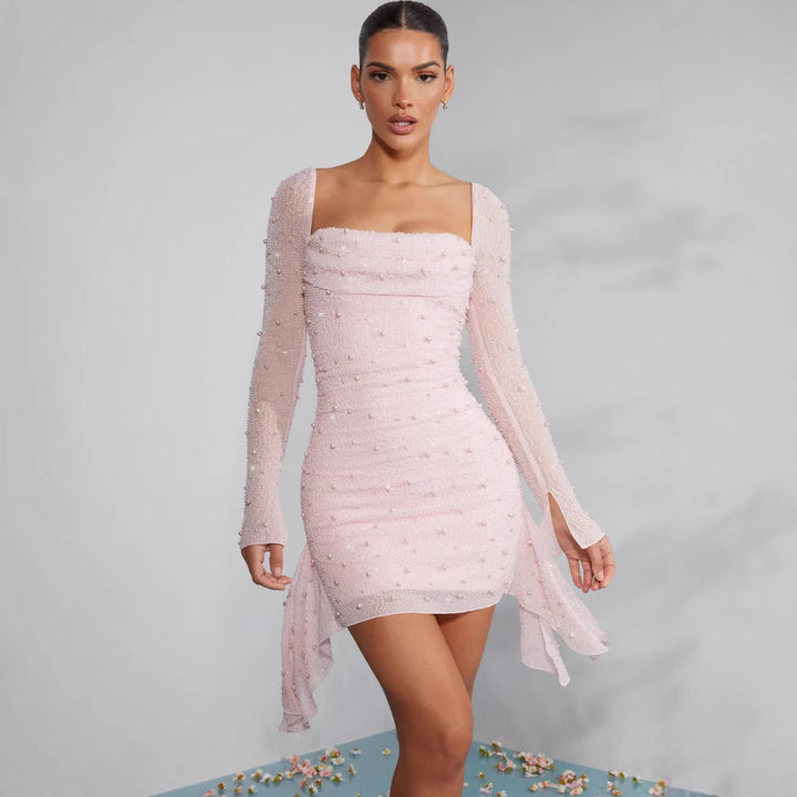 Dame Elegant Minikjole med glitrende perler og asymmetrisk kant Stilla