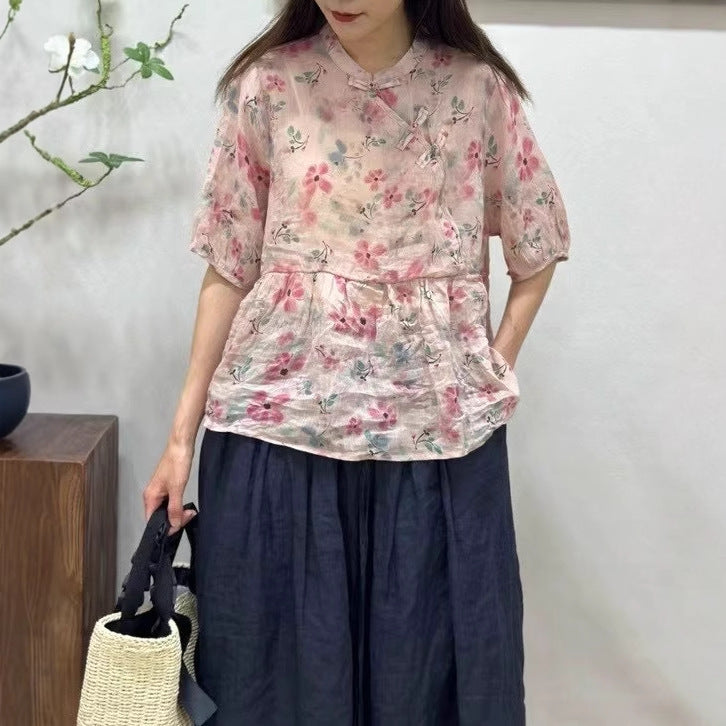 Femme Flydende Floral Print Bomuld Top Stilla