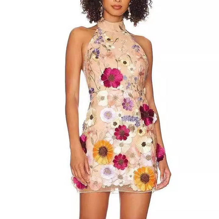 Dame Blomsterapplikation Mini Kjole med højtstående Hals Stilla