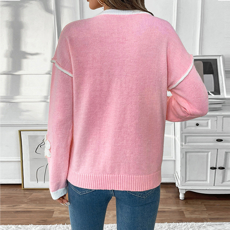 Dame V-hals sweater med blomster-design Stilla