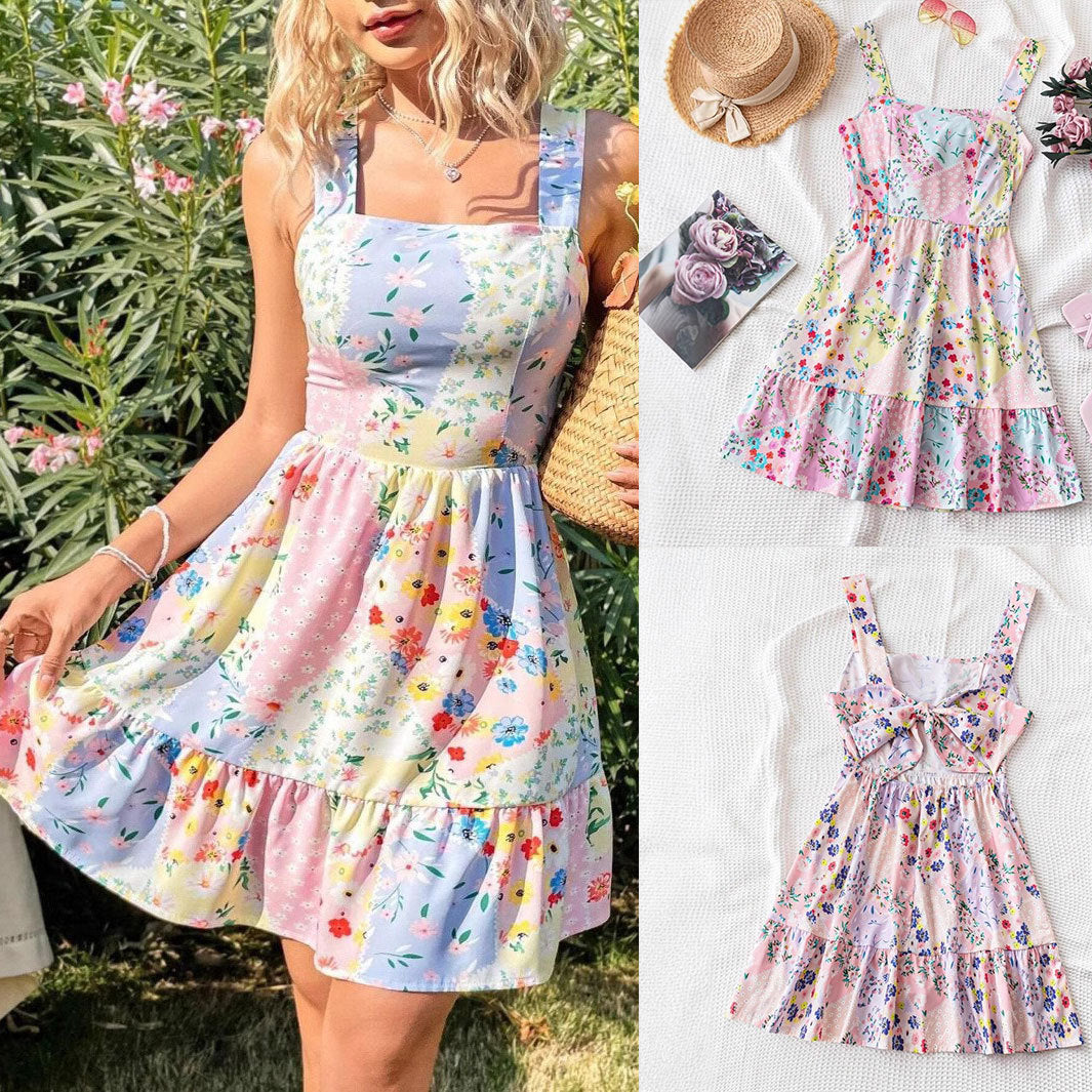 Dame sommerligt fritidskjole med blomsterpatchwork-design Stilla