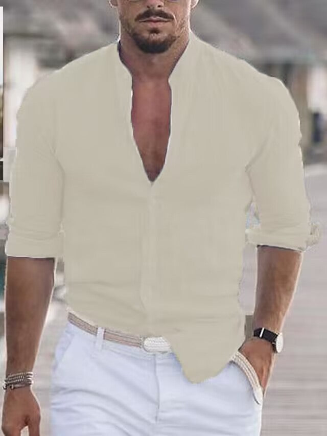 Herre casual linnedshirt med moderne ståkrave og praktisk knaplukning Stilla