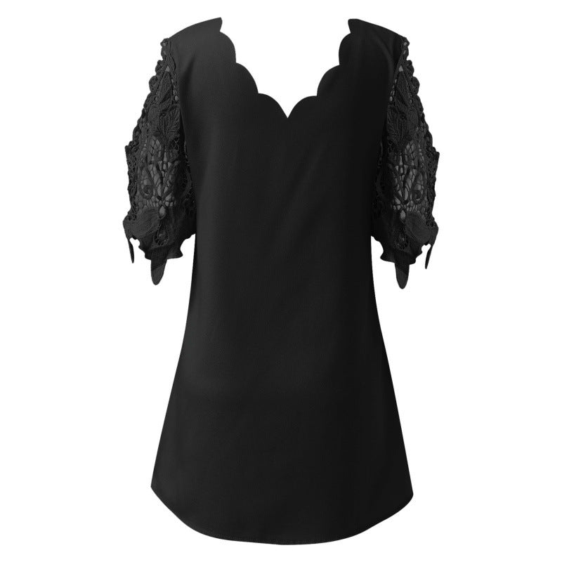 Damer elegant bluse med bølget kant og spids ærmer Stilla