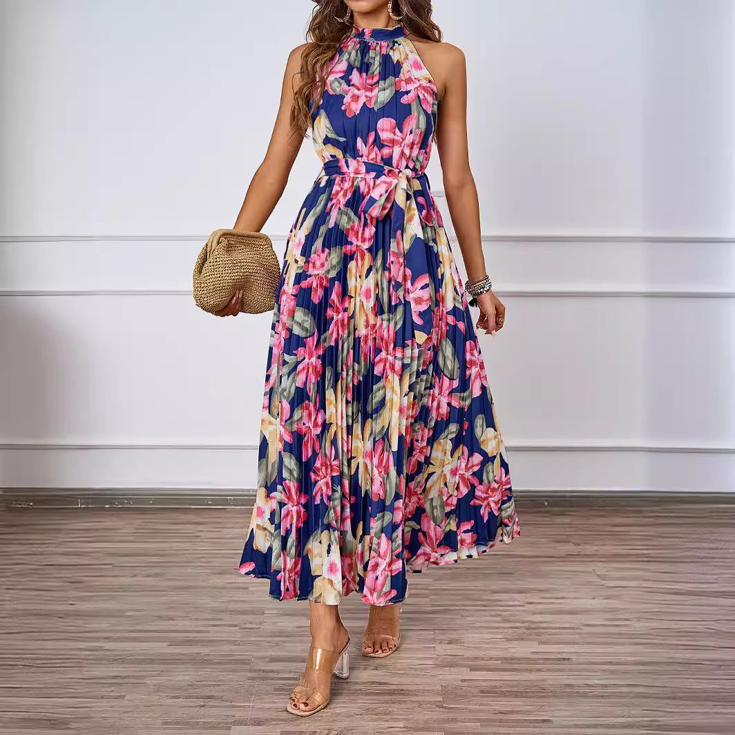 Kvinder Elegant Maxi Kjole med Blomstret Design og Rynket Top Stilla