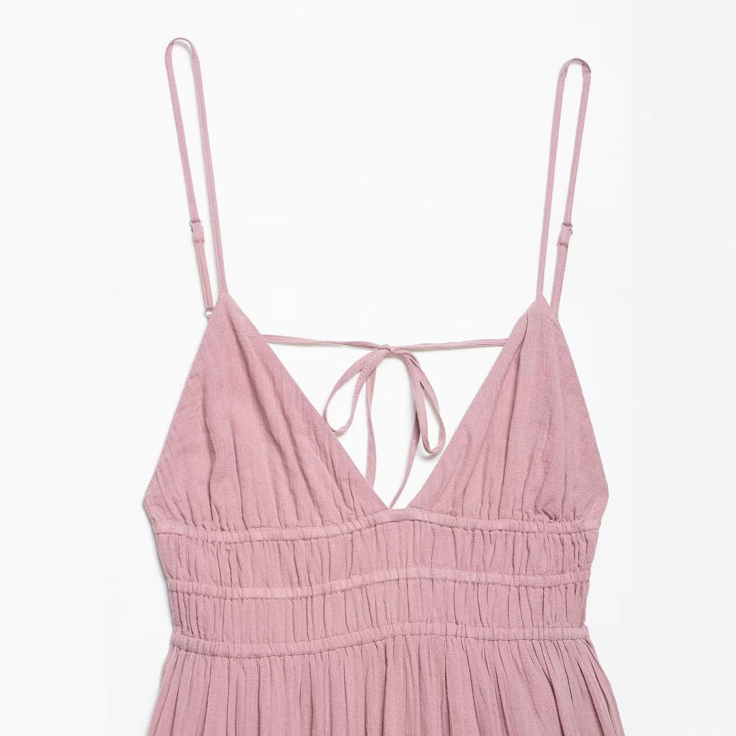 Femme Flydende Bohemian Maxi Kjole med Spaghetti Stropper og Flæsekant Stilla
