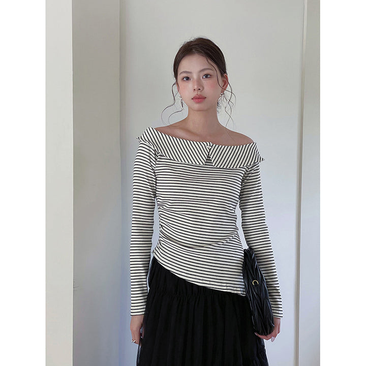 Damer Off-Shoulder Strikketop med asymmetrisk kant og stribemønster Stilla
