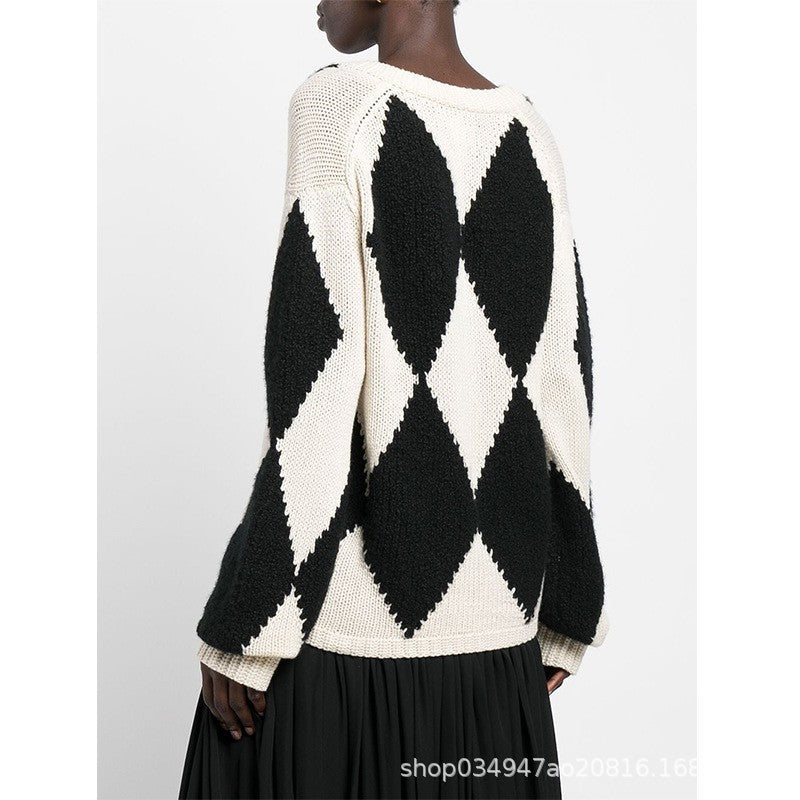 Damer trendy V-hals strikket sweater med zigzag mønster Stilla