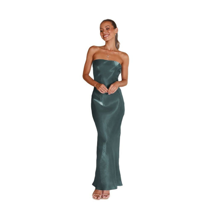 Dame Elegant Bandeau Maxi Kjole med Flydende Satin og Tætsiddende Silhuet