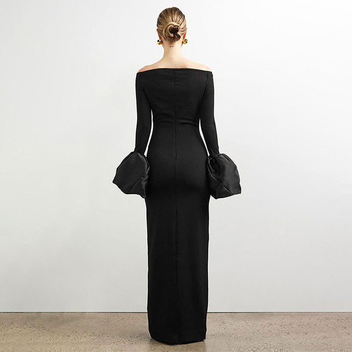 Dame Elegant Langærmet Maxikjole med Off-Shoulder Uddybning og Flæsedetaljer Skovae