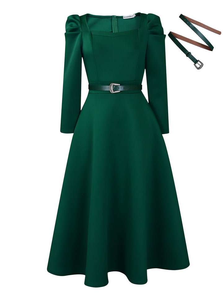 Dame Midi-kjole med elegant pufærme- og taljebælte-design Stilla