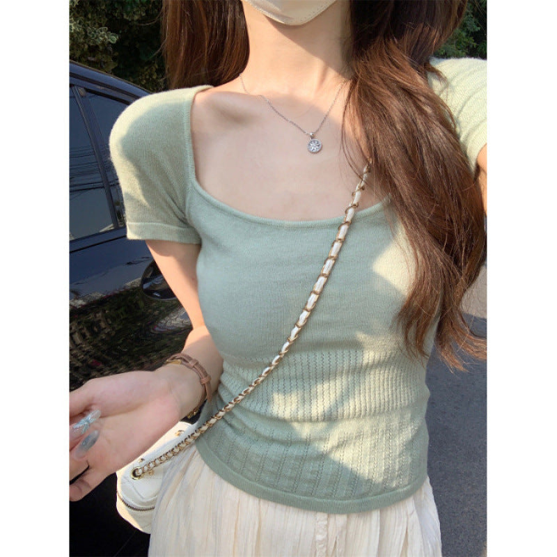 Femme Ribbet Kort Ærme Crop Top Stilla