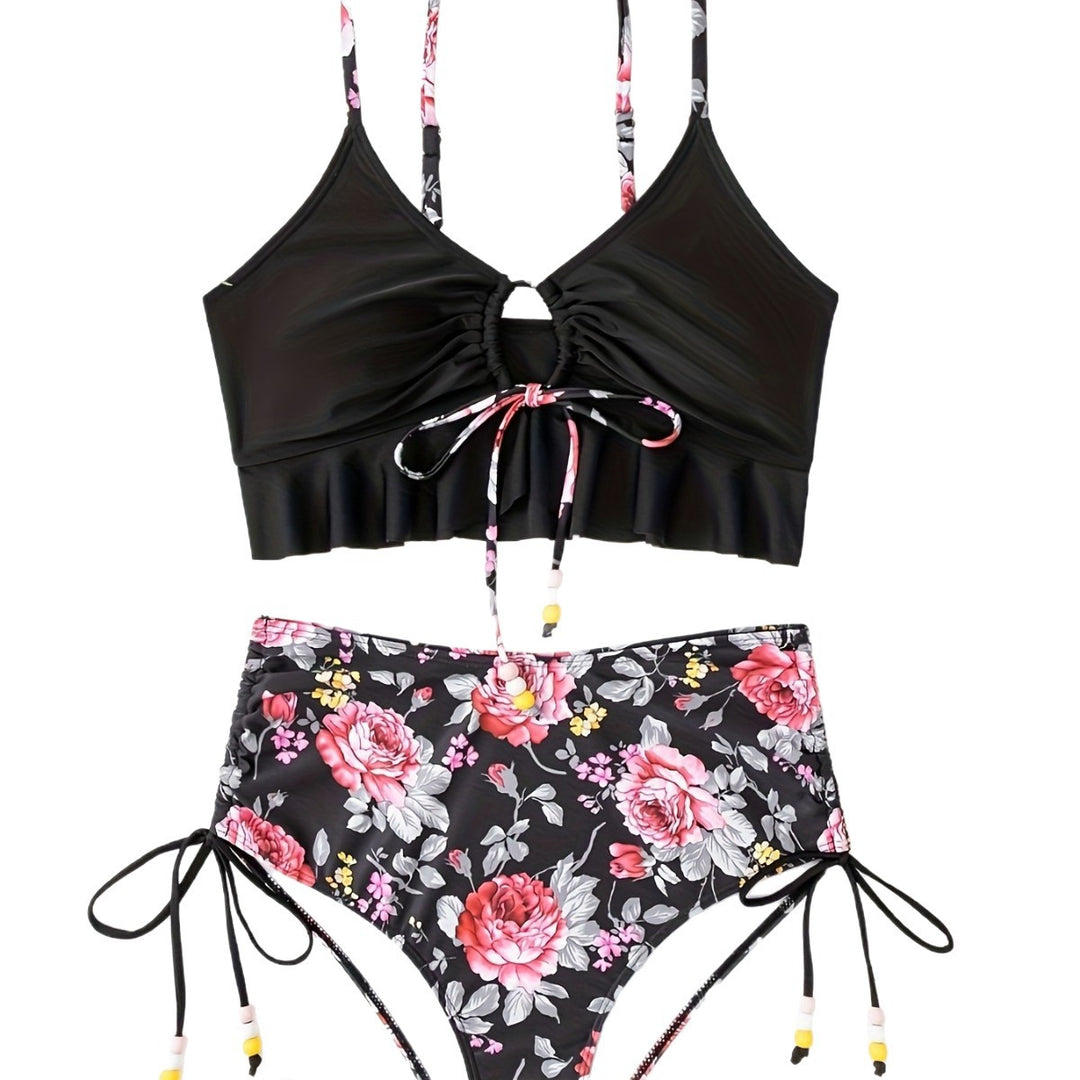 Dame Bikini-sæt med legende blomsterprint og sidelæns bindebånd Skovae