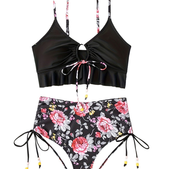 Dame Bikini-sæt med legende blomsterprint og sidelæns bindebånd Skovae