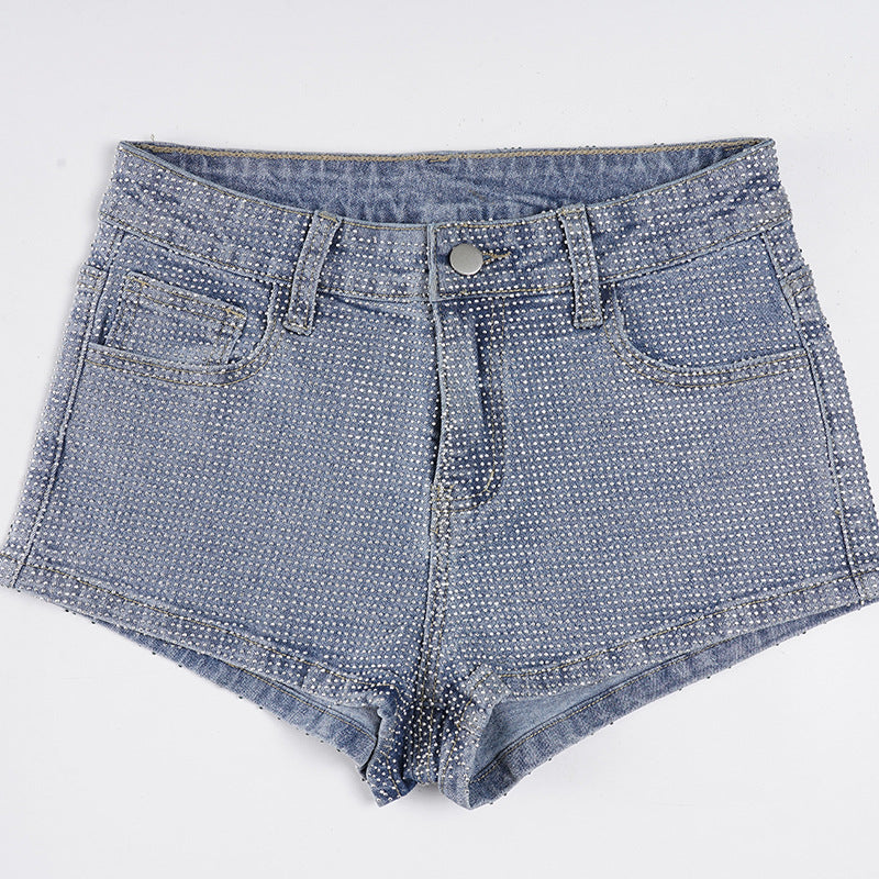 Damer Glitrende Denim-shorts med dekorative rhinsten Skovae