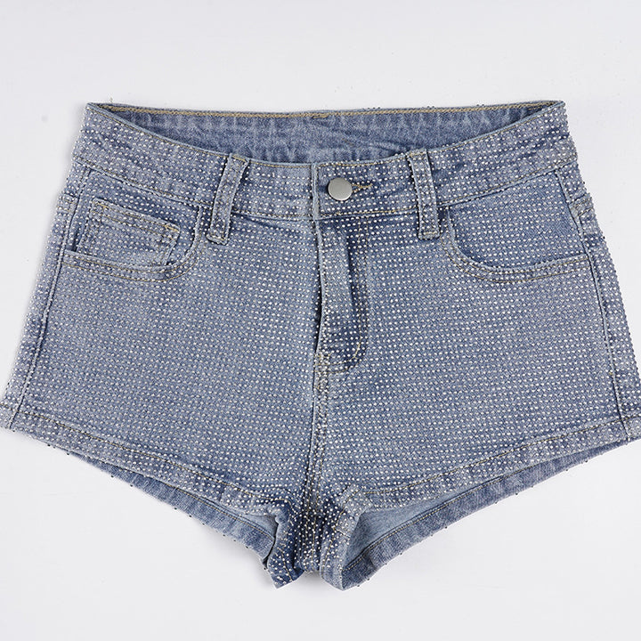Damer Glitrende Denim-shorts med dekorative rhinsten Skovae