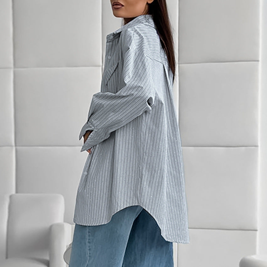 Damer casual oversized skjorte med fine striber og brystlomme Stilla
