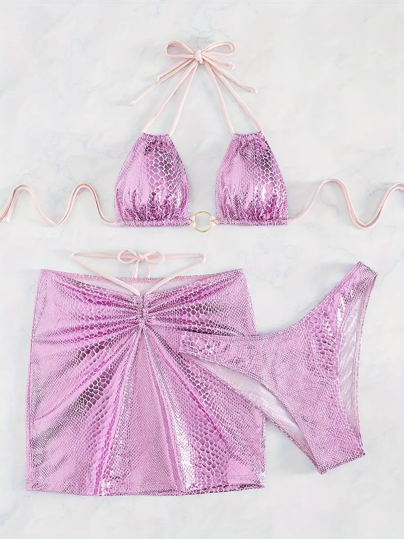 Dame Triangel-Bikini-Sæt med skinnende slangeprint og elegant nederdel Stilla