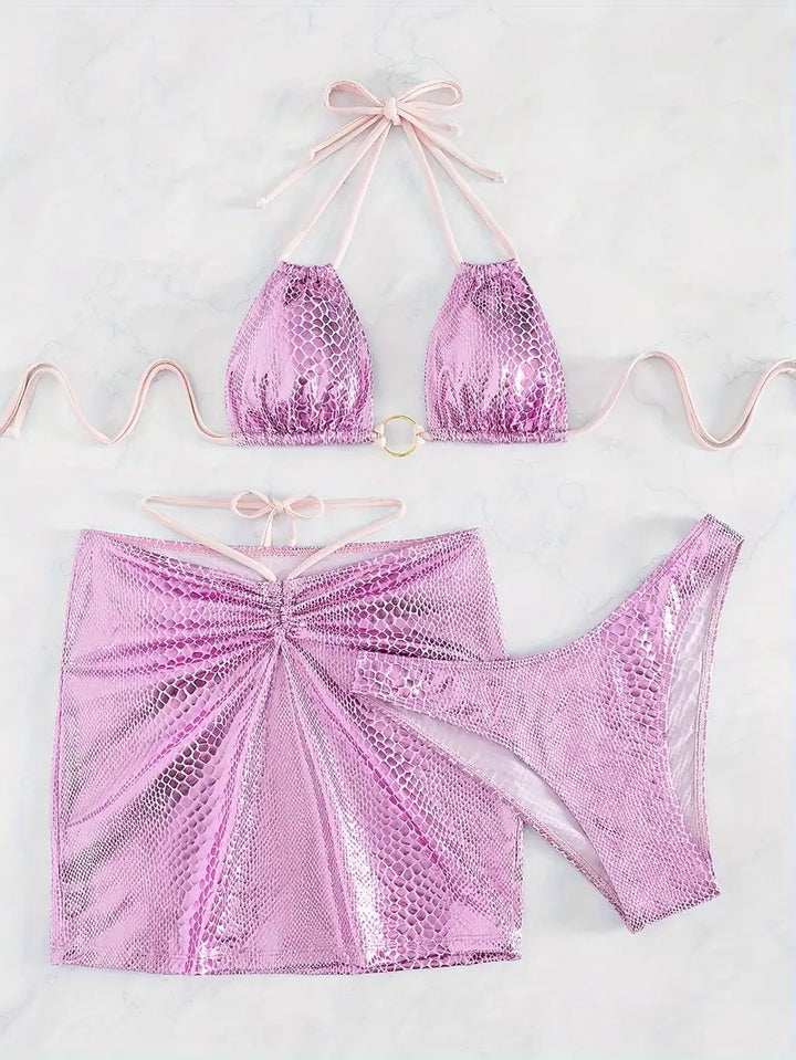 Dame Triangel-Bikini-Sæt med skinnende slangeprint og elegant nederdel Stilla