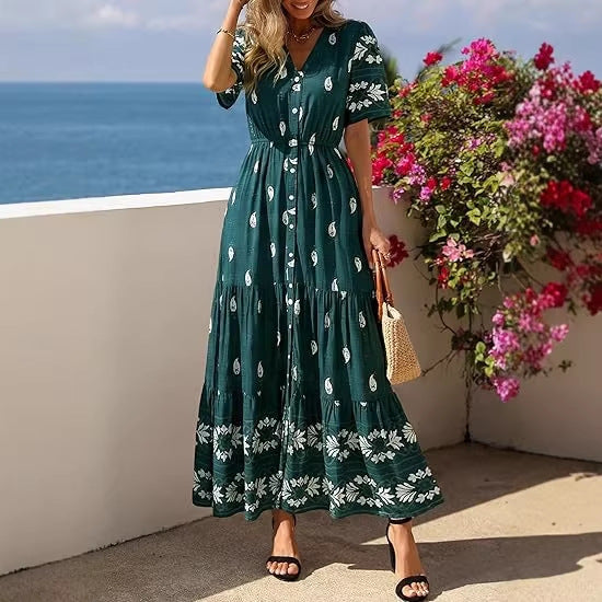 Dame Boho Maxikjole med blomsterprint og taljebelte Skovae