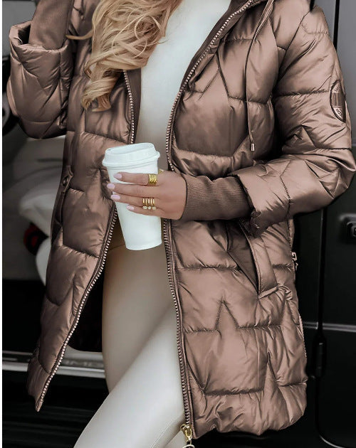 Femme Isoleret Langærmet Puffermantel med Justerbar Hue og Metallic-Finish Stilla