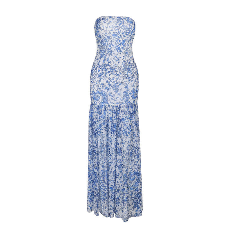 Dame blomsterprint strapless maxikjole Stilla